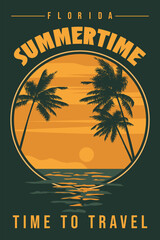 Time To Travel Retro Poster Florida. Tropical coast beach, palm