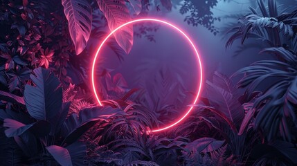 An artistic 3D rendering of a glowing neon circle surrounded by tropical leaves