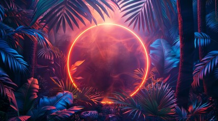 An artistic 3D rendering of a glowing neon circle surrounded by tropical leaves