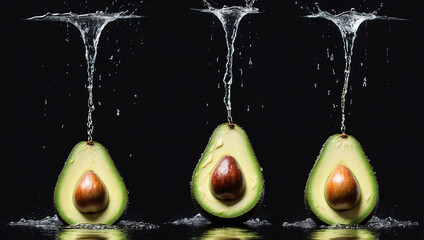 Slow motion three avocado halves with seed falling into transparent water on black background. ai generative