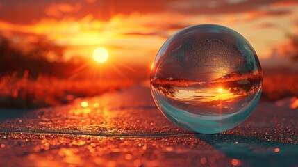 Christmas glass ball with a reflective surface showing a scenic road at sunset