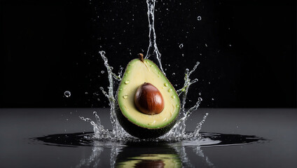 Slow motion one avocado halves with seed falling into transparent water on black background. ai generative