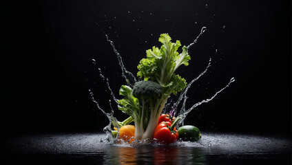 Fresh vegetables splashing into clear water splash healthy food diet freshness concept isolated black background. ai generative
