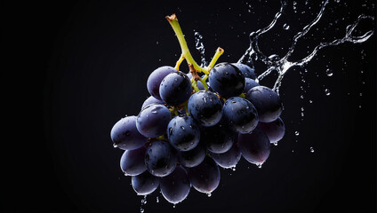 Healthy fresh bunch of grapes in water splash on black background, Grapes in water. ai generative