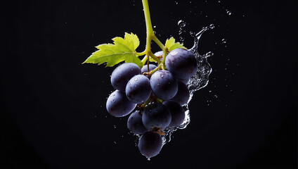 Grape cluster with green leaves isolated on black background, grapes juice splash. ai generative
