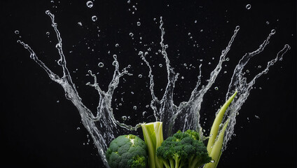 Fresh vegetables splashing into clear water splash healthy food diet freshness concept isolated black background. ai generative