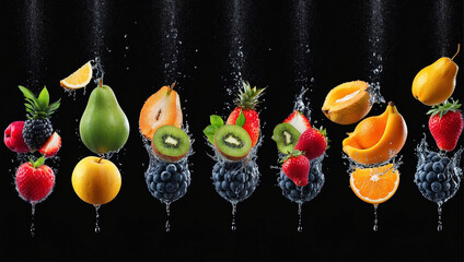 Fresh fruit with water bubbles. the concept of freshness of fruit in water. underwater fruit with isolated black background. ai generative