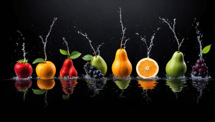 Group of fresh fruits falling in water with splash on black background. ai generative