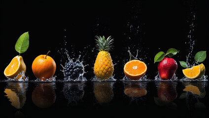 Group of fresh fruits falling in water with splash on black background. ai generative