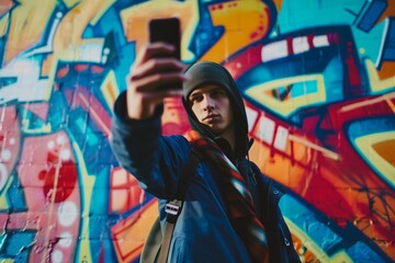 Male teen posing with graffiti in background