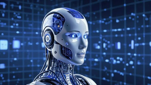A cyborg robot with luminous eyes and a transparent head in front of a glowing tech background. AI, Artificial Intelligence concept.