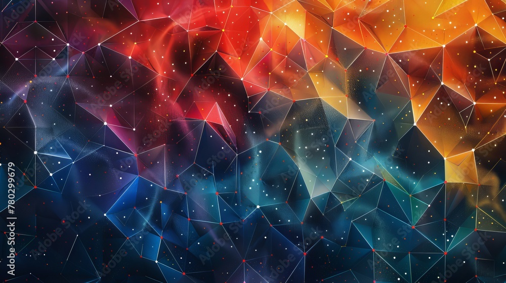 Poster an intricate geometric background with colorful dots and interwoven lines