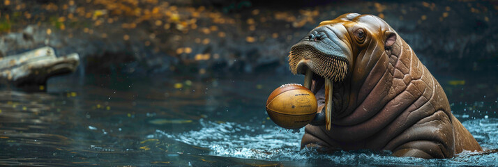 a Walrus playing with football beautiful animal photography like living creature - obrazy, fototapety, plakaty
