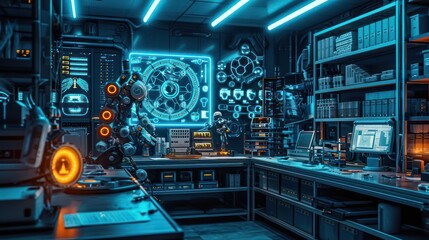 futuristic robot in a futuristic laboratory, featuring cutting-edge technology, neon lights, and a modern aesthetic, conveying the advancements in robotics and artificial intelligence