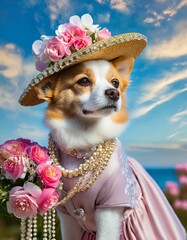 素敵な人に会いに行くのかな？花束を持ち、ピンクの帽子を被ってドレスを着たをした可愛い犬の婦人と青空 - obrazy, fototapety, plakaty