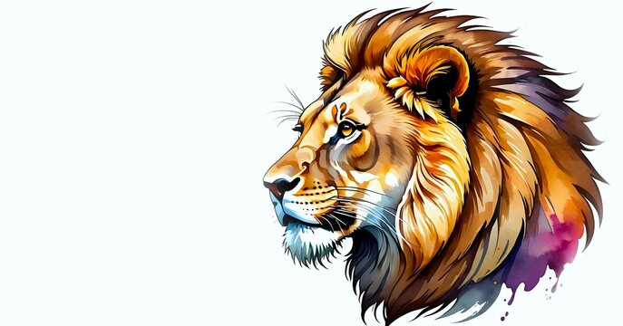 Cartoon illustration of a lion head with watercolor theme on white background