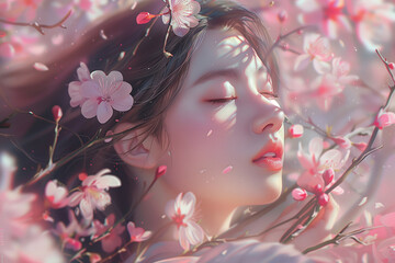 Sakura Dreams: A Portrait of Serenity Amidst Falling Blossoms