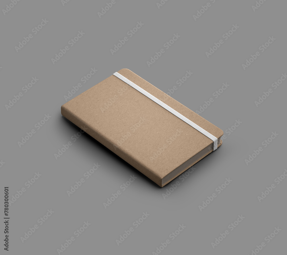 Poster mockup of closed craft notebook with white band, isolated with shadows on gray background, diagonal 