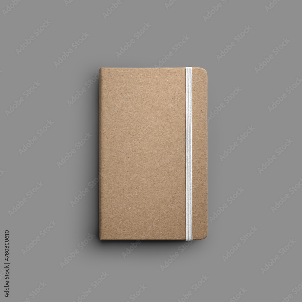Poster Mockup of craft notebook with white band isolated with shadows on gray background.