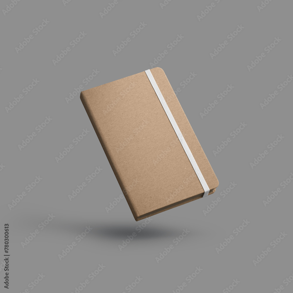 Poster mockup of closed textured craft notebook with white band, notepad in the air, isolated on gray backg