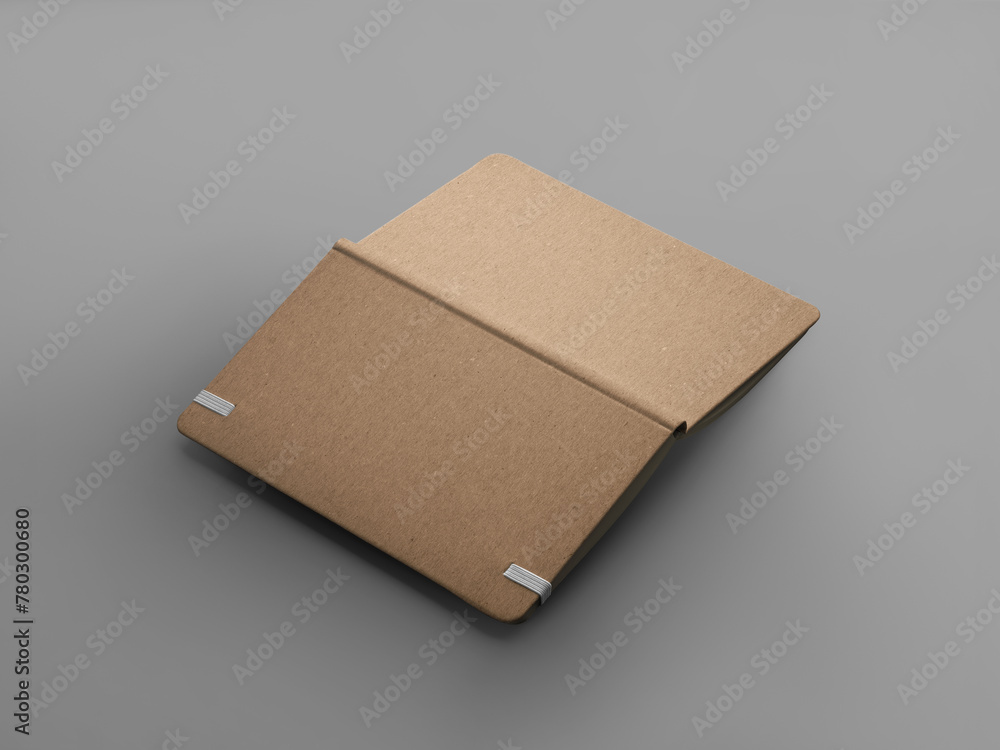 Poster mockup of open textured craft notebook with white band, hardcover notepad facing up, isolated on gra