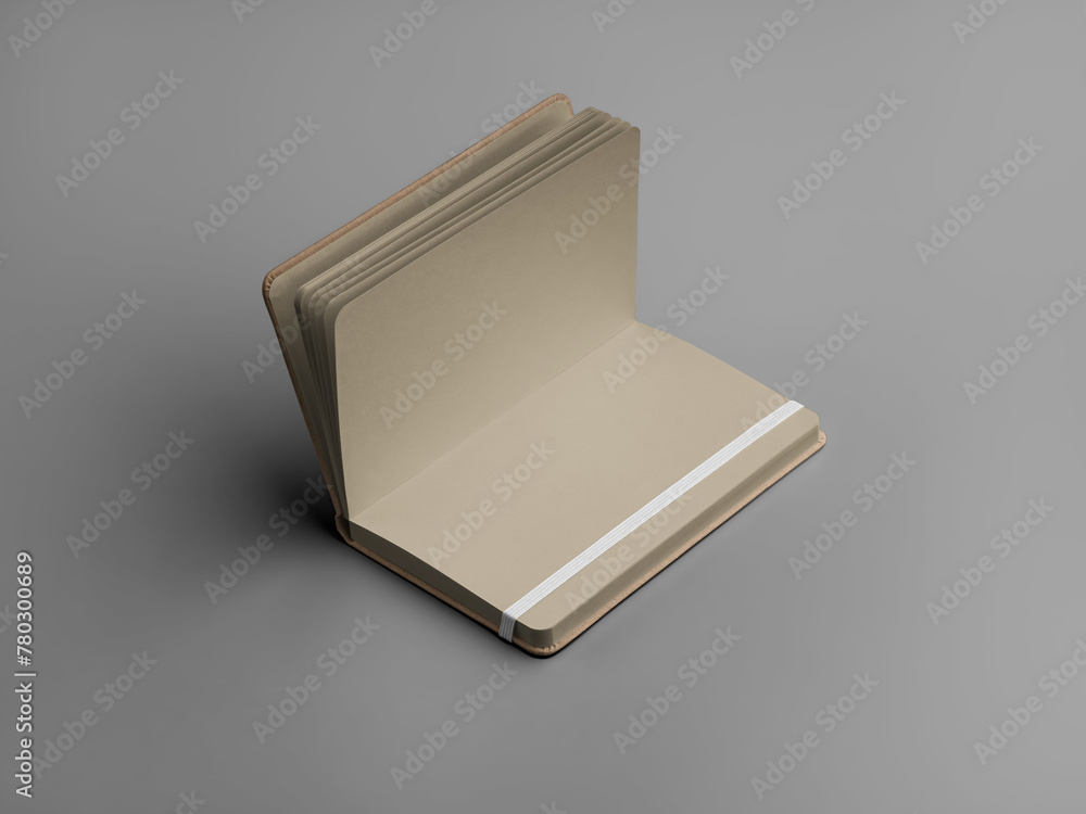 Poster mockup of open craft notebook with white band, holds pages, notepad with hard cover, for sketch, not