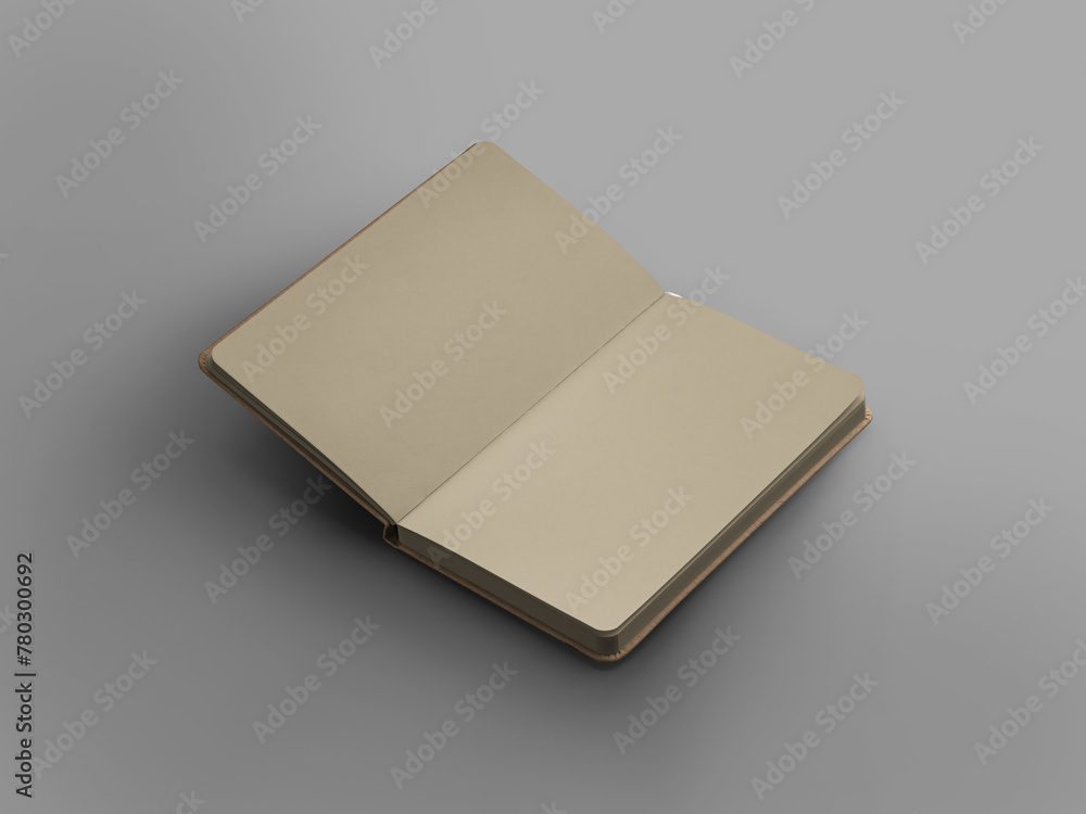 Poster template of an open craft notebook with a white bookmark, blank pages, notepad with a hard cover, fo