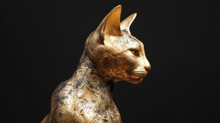 gold statue of cat isolated in black background
