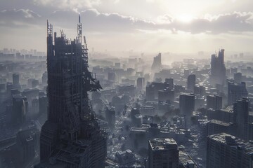 Dystopian city landscape Complete with crumbling buildings and polluted skies. - obrazy, fototapety, plakaty