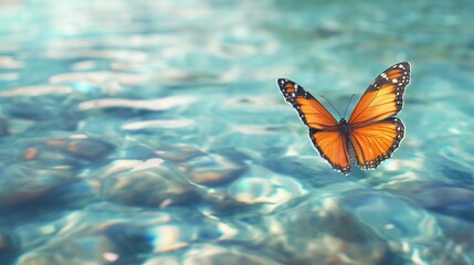 Fototapeta na wymiar Butterfly flying over clear water, sensitive backgrounds with copy space.