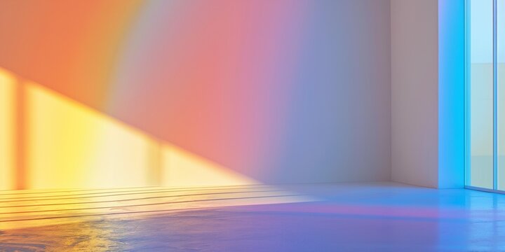 Empty room with rianbow light background. Rainbow color. Disco party. Pride light background. Festive art surface. Colorful pink yellow green blur glowing rays overlay on neutral wall.
