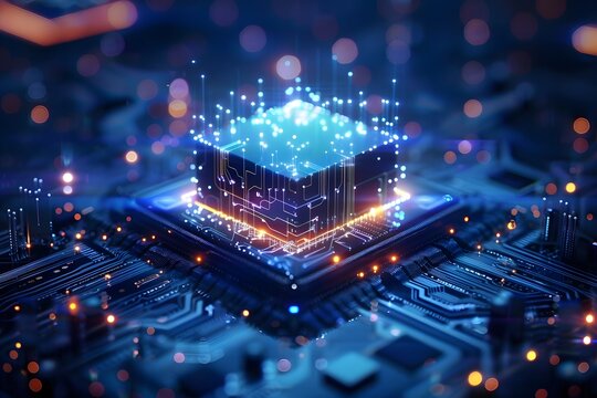 Technology abstract background of a quantum computing system with electronic circuit and processor. Neurons artificial, connections data global.