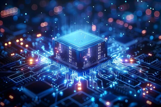 Technology abstract background of a quantum computing system with electronic circuit and processor. Neurons artificial, connections data global.