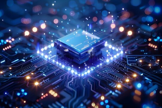 Technology abstract background of a quantum computing system with electronic circuit and processor. Neurons artificial, connections data global.