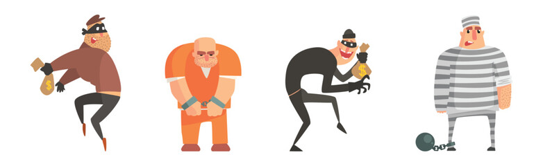 Man Criminal and Convict as Thief and Robber Vector Set