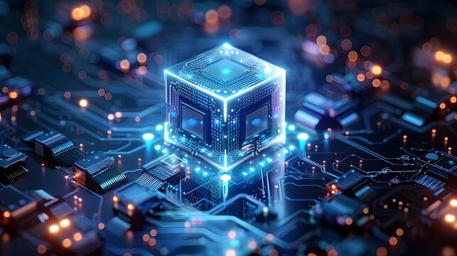 Technology abstract background of a quantum computing system with electronic circuit and processor. Neurons artificial, connections data global.