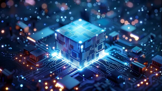 Technology abstract background of a quantum computing system with electronic circuit and processor. Neurons artificial, connections data global.