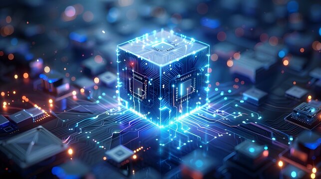 Technology abstract background of a quantum computing system with electronic circuit and processor. Neurons artificial, connections data global.