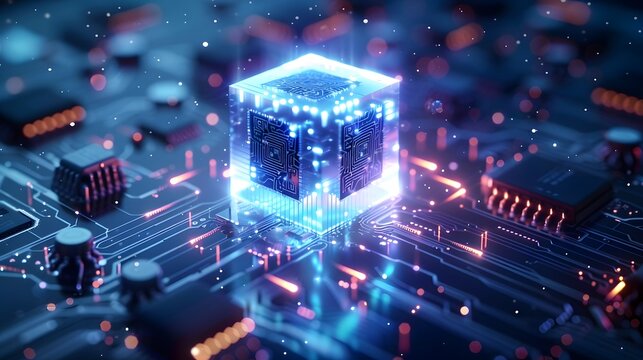 Technology abstract background of a quantum computing system with electronic circuit and processor. Neurons artificial, connections data global.