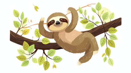 Cartoon cute sloth hanging on the tree flat vector 