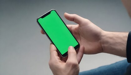 A person standing holding a cell phone with a green screen in their hand, looking at the device while interacting with the screen