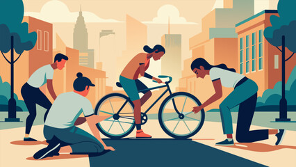 In a busy city neighborhood a trio of cyclists stops to help a stranded rider fix a flat tire. The compassionate act of camaraderie and support - obrazy, fototapety, plakaty