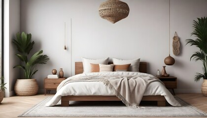 A Scandinavian bedroom with a bed and a potted plant placed in the corner, showcasing simplicity and functionality
