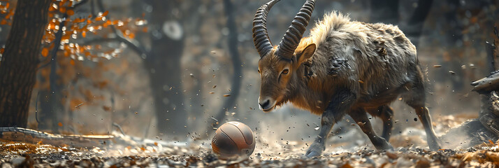 an Ibex playing with football beautiful animal photography like living creature - obrazy, fototapety, plakaty