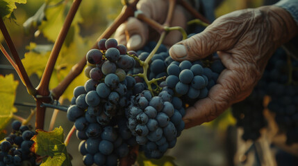 Obraz premium Hands harvesting grapes in vineyard, winery and agriculture concept