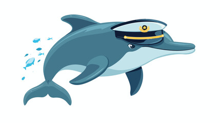 Cartoon Dolphin wearing captain uniform swimming 