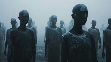 A picture of an army of bald stone sculptures standing in a row, AI Generated.