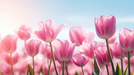 Obraz premium Group of pink tulips in the park agains clouds. Spring blurred background postcard