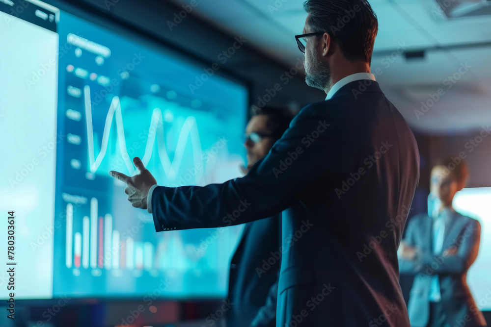 Poster a man is pointing at a large screen with a investment graph. concept of marketing and data analysis.