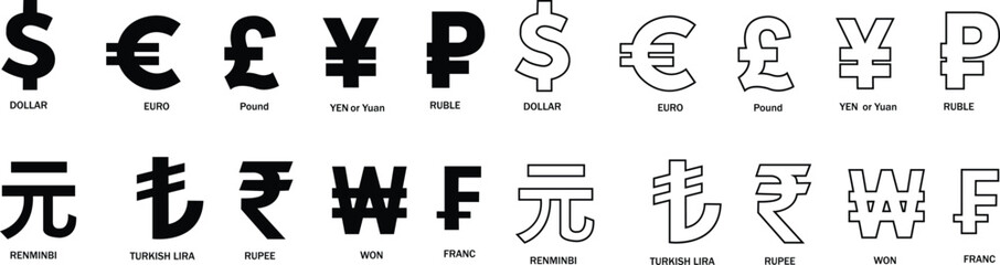 Dollar, Euro, Pound, Ruble, Rupee, Yen or Yuan, Franc, Won, Renminbi and Turkish lira set of the most popular currency sign symbol. Money flat and line icons vector Currency exchange concept.